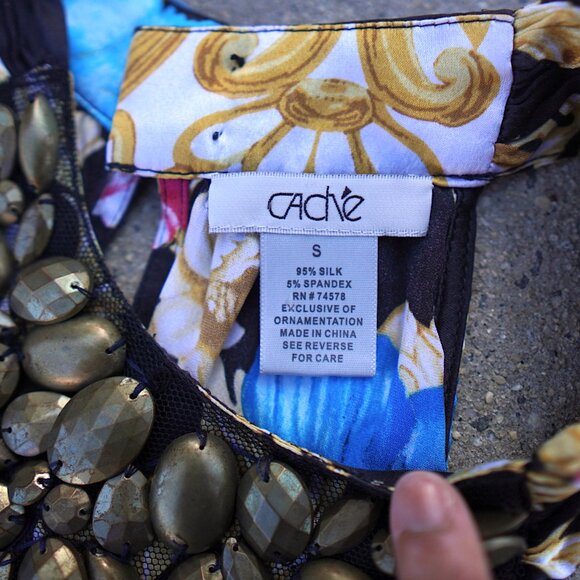 Vintage Cache Silk Beaded Halter Top S Floral Baroque Glam Blouse Flowy - Picture 7 of 12